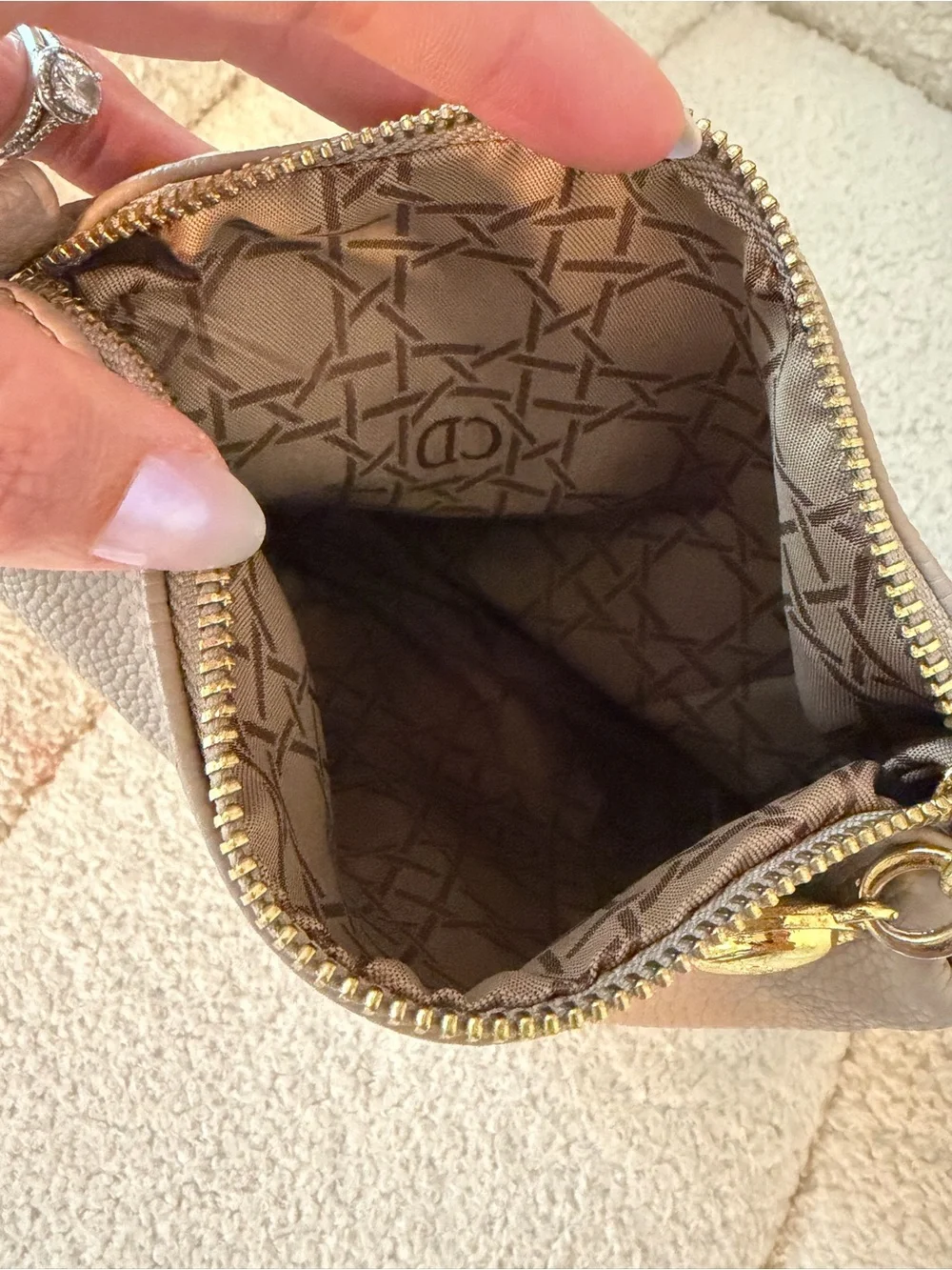 Dior Beige Taupe Pebbled Leather Cosmetic Pouch with Gold Hardware